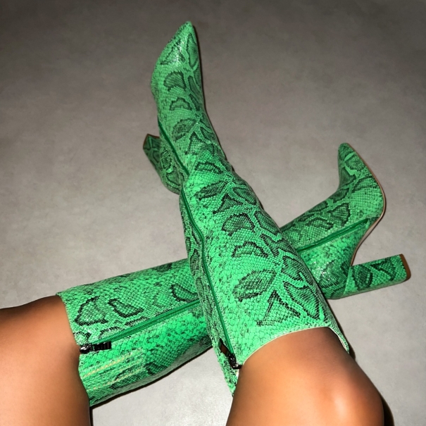 Kaa Green Faux Snake Print Block Heel Knee High Boots | SIMMI London