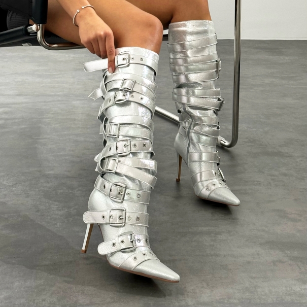 Lucian Silver Glitter Strappy Buckle Stiletto Boots | SIMMI London