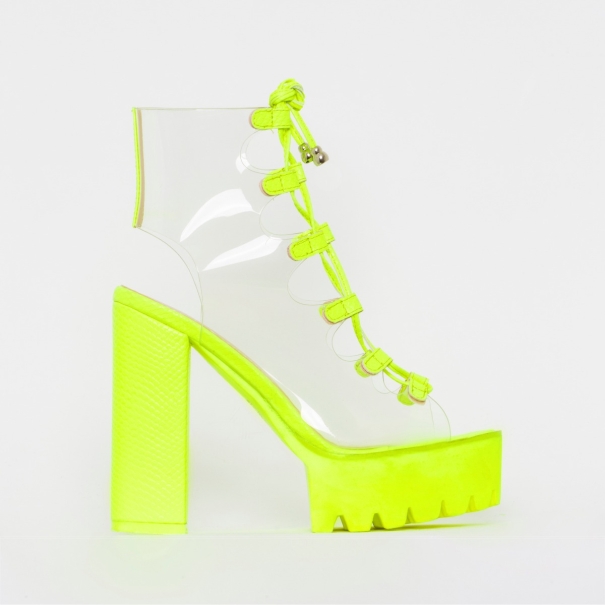 Aimee Yellow Snake Print Clear Lace Up Platform Boots