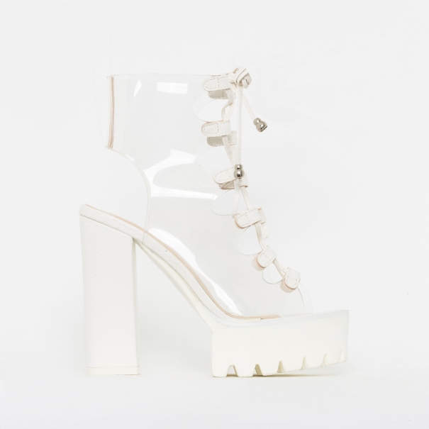 Aimee White Snake Print Clear Lace Up Platform Boots