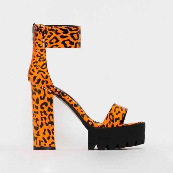 Kamaya Orange Leopard Print Chunky Platform Heels | SIMMI London