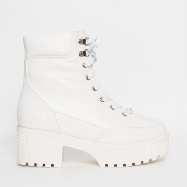 Karmen White Croc Print Lace Up Hiking Ankle Boots
