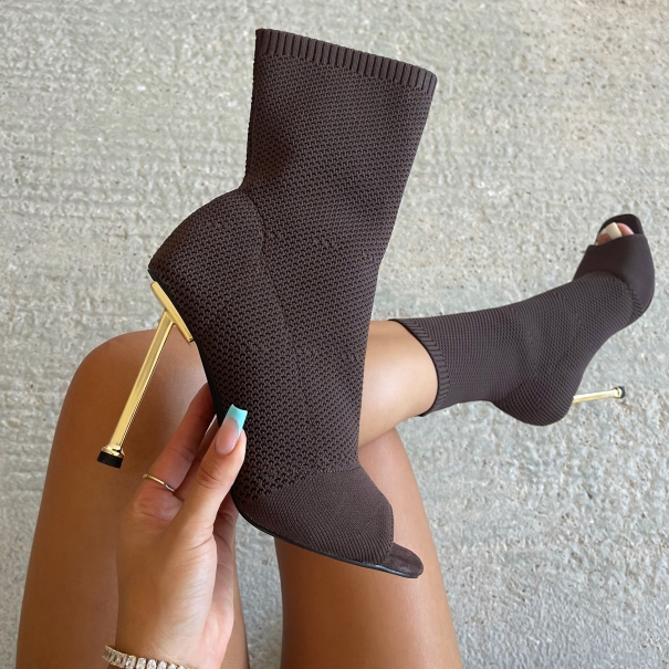 Katiya Brown Knitted Peep Toe High Heel Ankle Boots | SIMMI London