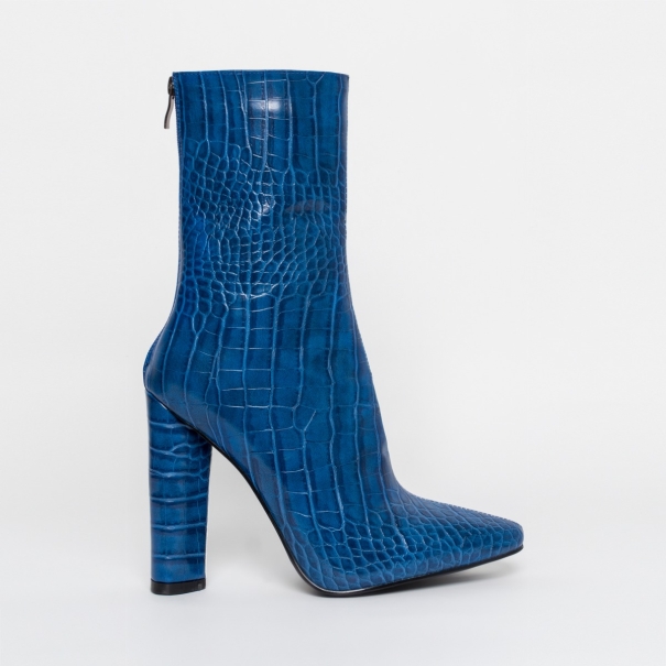 Katy Blue Croc Block Heel Ankle Boots