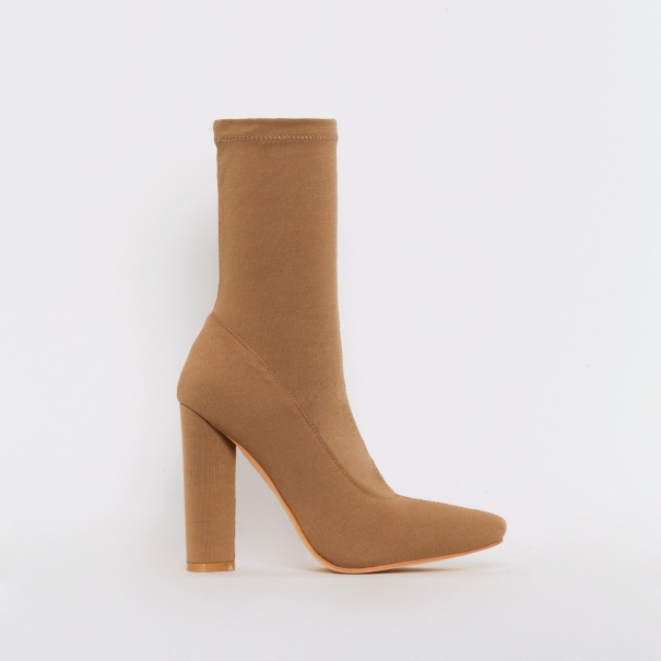 SIMMI SHOES / TYRA BEIGE STRETCH BLOCK HEEL ANKLE BOOTS
