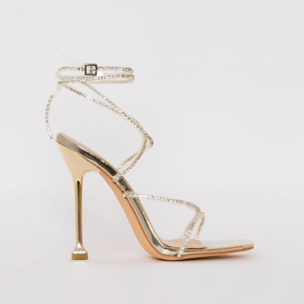 SIMMI SHOES / CHANTEL GOLD CLEAR DIAMANTE STRAPPY HEELS