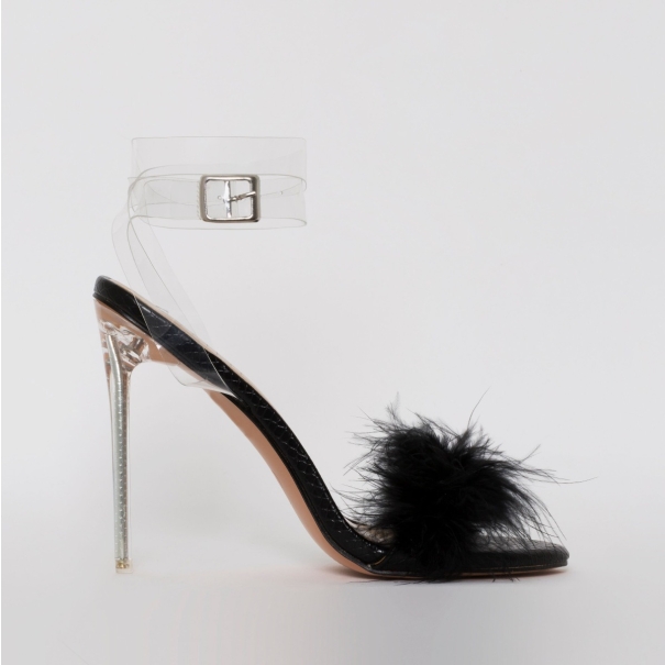 SIMMI SHOES / POLLY BLACK SNAKE PRINT FLUFFY CLEAR STILETTO HEELS