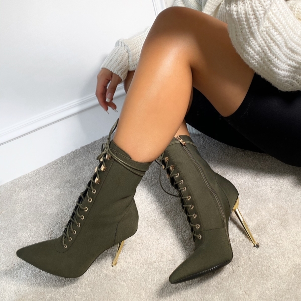SIMMI SHOES / Rebekah Khaki Lycra Lace up Stiletto Ankle Boots