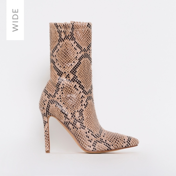 SIMMI SHOES / KARMA WIDE FIT BEIGE SNAKE PRINT STILETTO ANKLE BOOTS