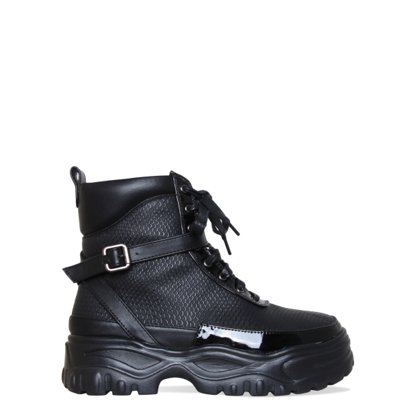 Kendall Black Snake Lace Up Hiking Ankle Boots
