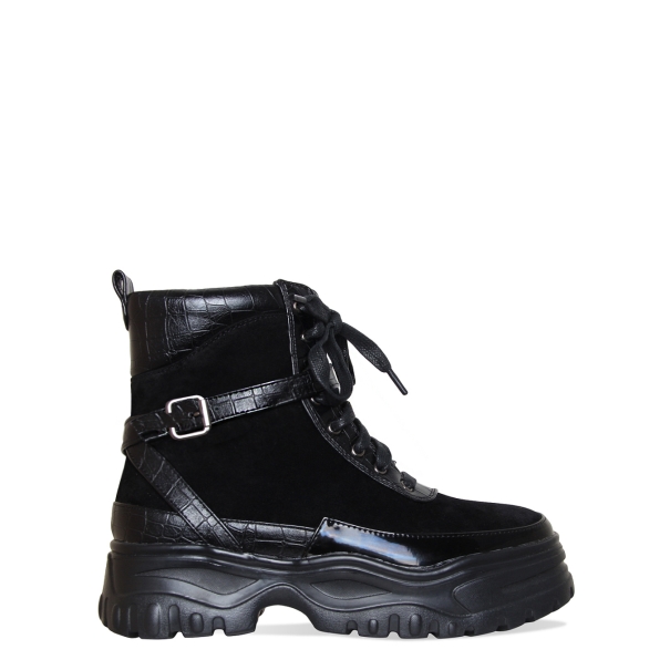 Kendall Black Suede Croc Lace Up Hiking Ankle Boots