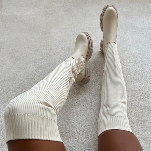 Kennedi Beige Knitted Chunky Over The Knee Boots | SIMMI London