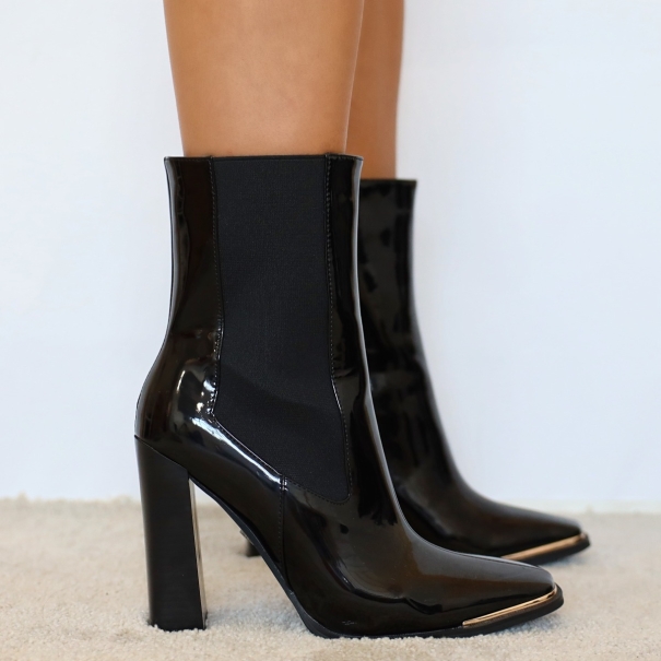 SIMMI SHOES / Kiera Black Patent Metal Toe Cap Block Heel Ankle Boots