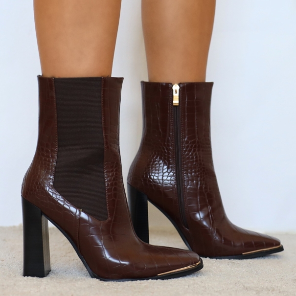 SIMMI SHOES / Kiera Brown Faux Croc Print Metal Toe Cap Block Heel Ankle Boots
