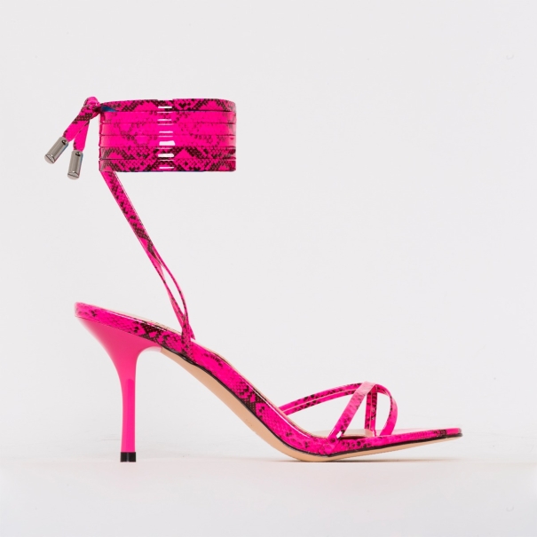 Amara Pink Patent Snake Print Lace Up Mid Stiletto Heels