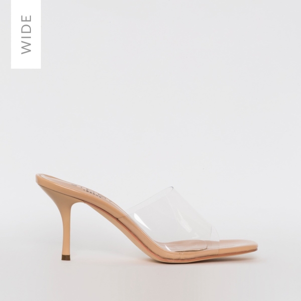 SIMMI SHOES / ELISE WIDE FIT NUDE PATENT CLEAR MID HEEL MULES