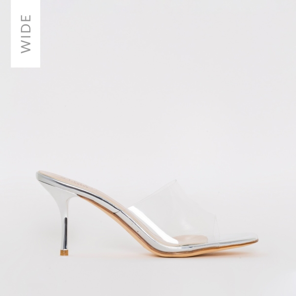 SIMMI SHOES / ELISE WIDE FIT SILVER CLEAR MID HEEL MULES