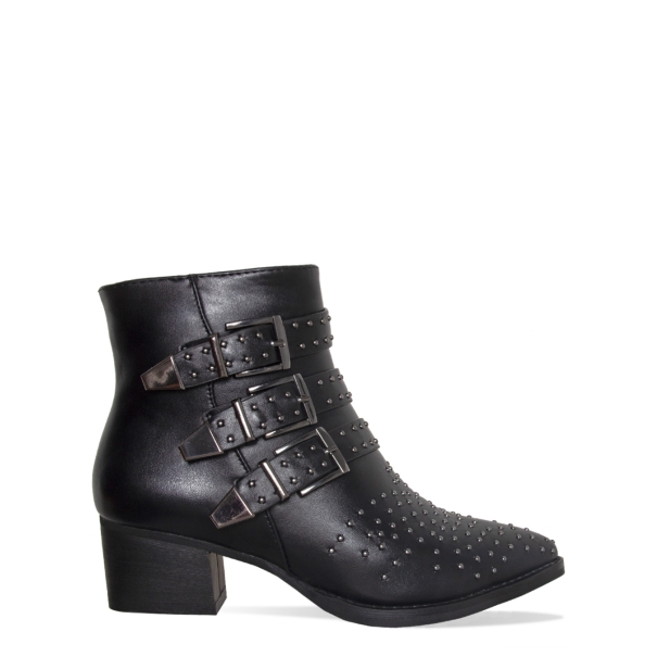 Klaudia Black Studded Buckle Ankle Boots