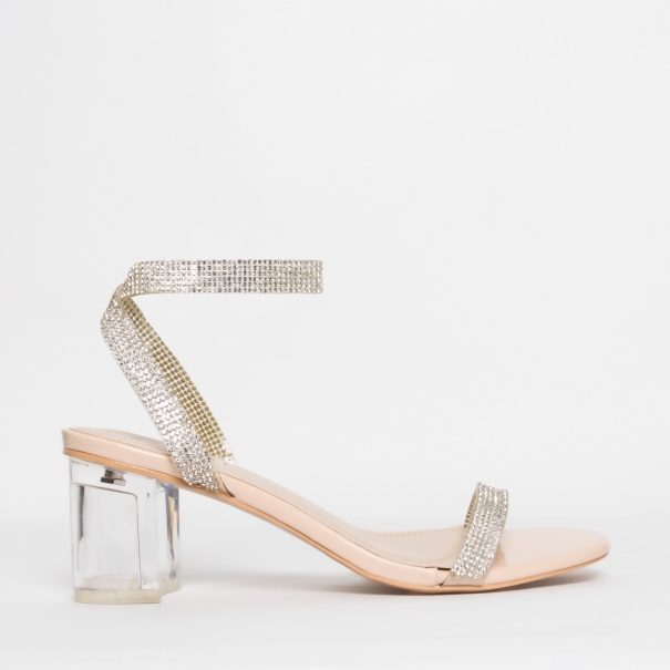 SIMMI SHOES / KELLY NUDE PATENT DIAMANTE CLEAR MID BLOCK HEELS
