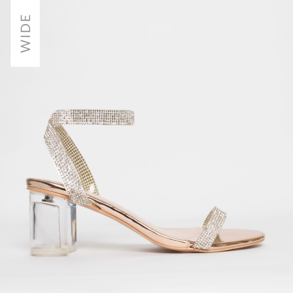 SIMMI SHOES / KELLY WIDE FIT ROSE GOLD DIAMANTE CLEAR MID BLOCK HEELS