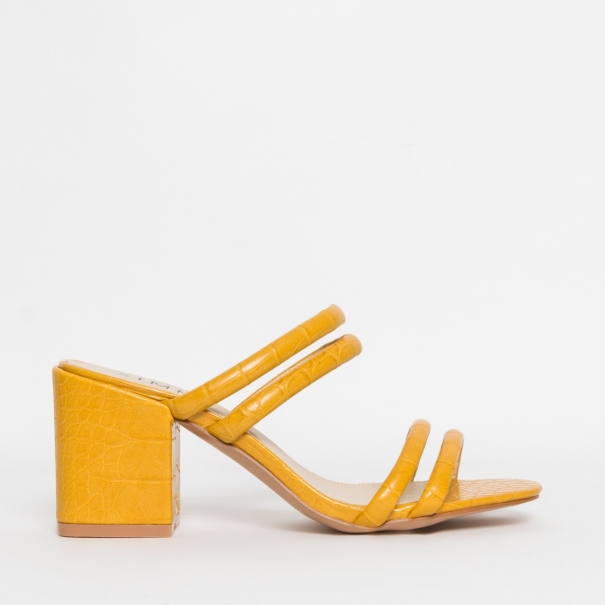 Kezia Yellow Croc Mid Block Heel Mules