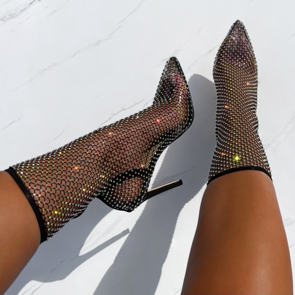 Krystal Black Diamante Fishnet Heels | SIMMI London