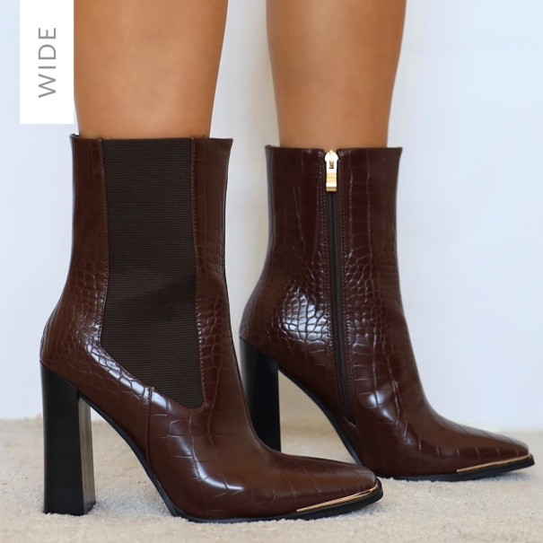 Laney Wide Fit Brown Faux Croc Print Block Heel Ankle Boots | SIMMI London