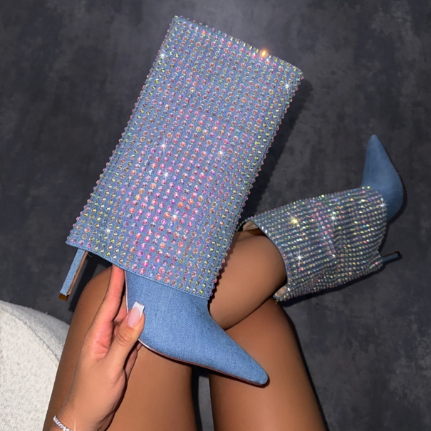 Lawler Blue Denim Diamante Fold Over Boots | SIMMI London