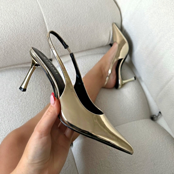 Liorra Gold Mirror Sling Back Mid Heeled Shoes | SIMMI London
