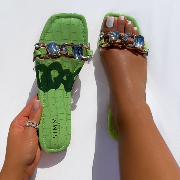 Lennox Green Faux Croc Print Gem Chain Flat Sandals| SIMMI London
