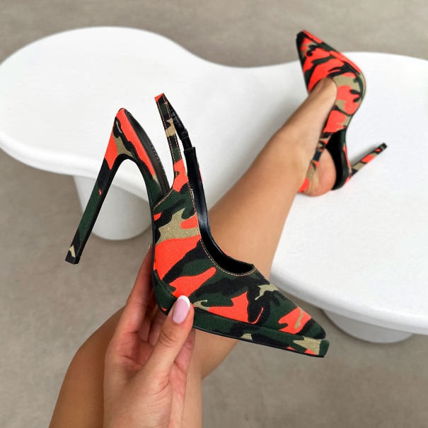 Kandie Orange Camo Sling Back Court Shoes | SIMMI London