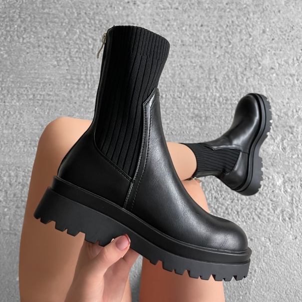 Lottie Black Knit Insert Chunky Ankle Boots | SIMMI London