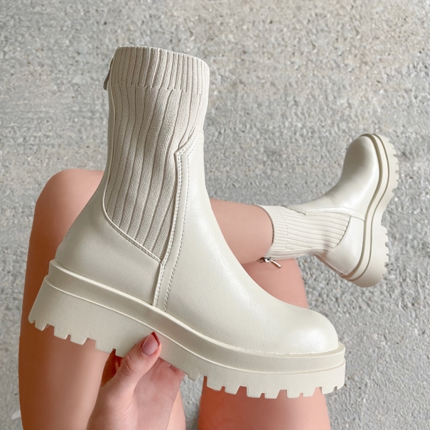 Lottie Cream Knit Insert Chunky Ankle Boots | SIMMI London