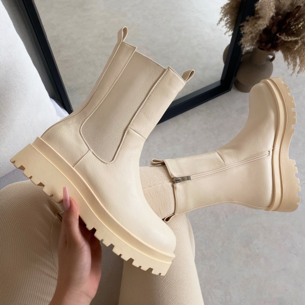 SIMMI Shoes / Lex Cream Stretch Insert Chunky Ankle Boots