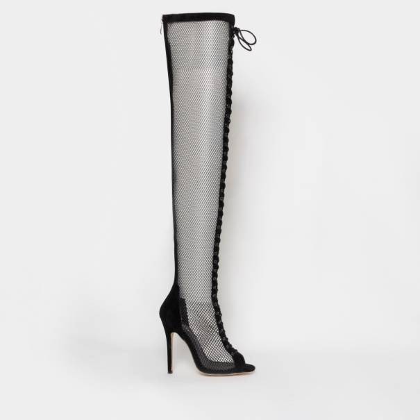 Leela Black Suede Mesh Lace Up Thigh High Boots
