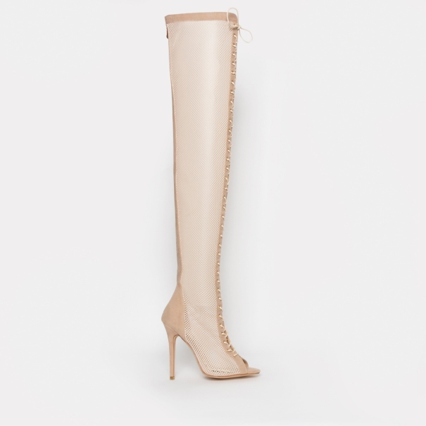 Leela Nude Suede Mesh Lace Up Thigh High Boots