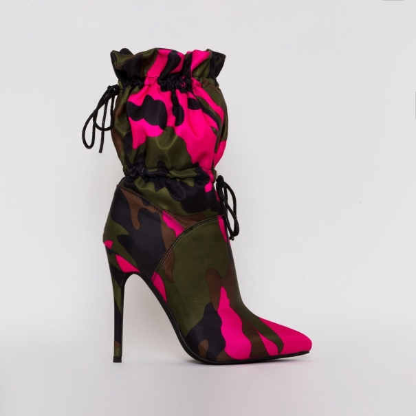 Letisha Pink Camouflage Lycra Stiletto Toggle Ankle Boots