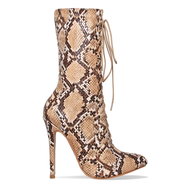 Celia Beige Snake Lace Up Pointed Ankle Boots
