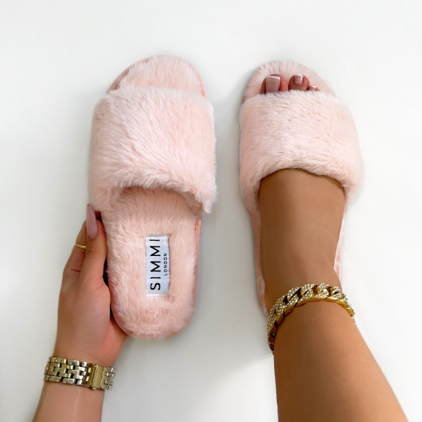 Maci Pink Fluffy Faux Fur Slippers | SIMMI London