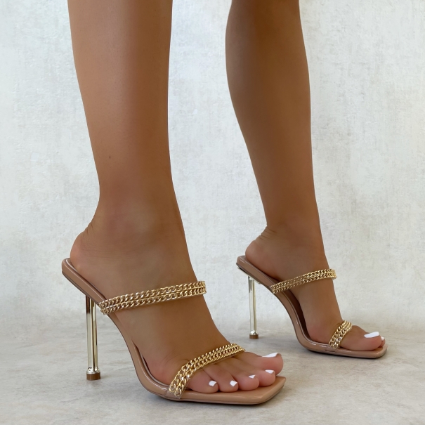 SIMMI Shoes / Madira Nude Patent Clear Chain Stiletto Mules