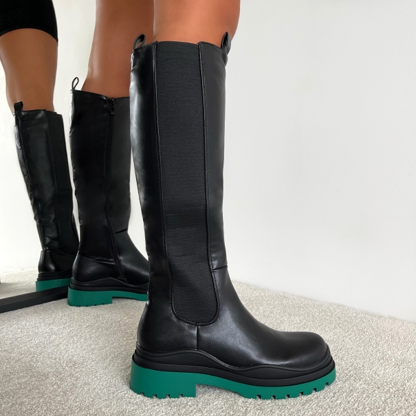 Marcello Black And Green Knee High Chelsea Boots | SIMMI London