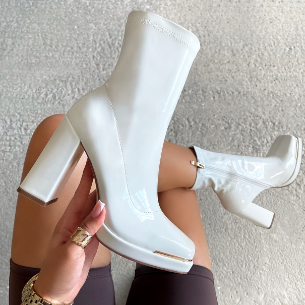 Marco White Patent Block Heel Ankle Boots | SIMMI London