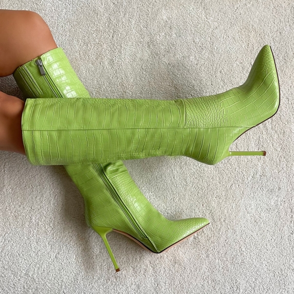 Mariam Green Faux Croc Print Pointed Toe Stiletto Knee High Boots | SIMMI London