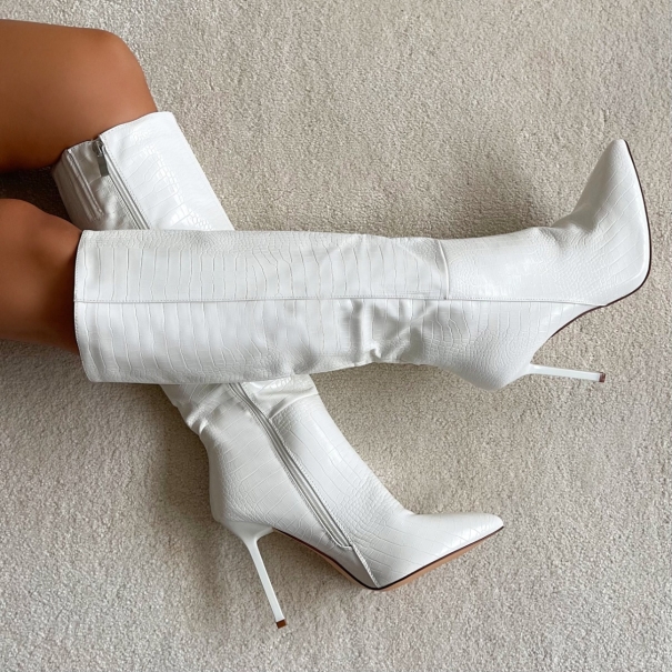 Mariam White Faux Croc Print Pointed Toe Stiletto Knee High Boots | SIMMI London