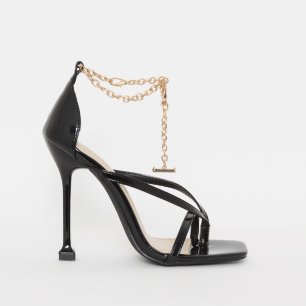 SIMMI SHOES / MEERA BLACK PATENT CLEAR CHAIN THONG STILETTO HEELS