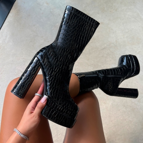 Tasha Ghouri Martha Black Faux Croc Print Platform Ankle Boots | SIMMI London