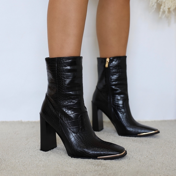 SIMMI SHOES / Melisa Black Faux Croc Print Metal Toe Cap Ankle Boots