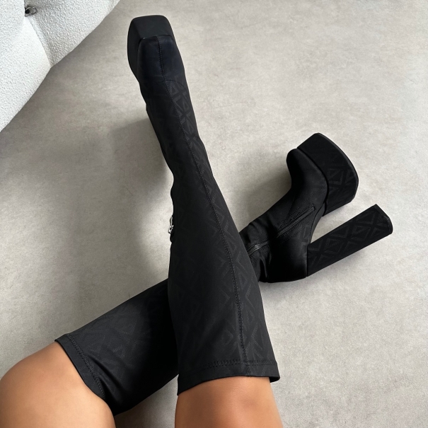 Franks Black Stretch Printed Knee Boots | SIMMI London