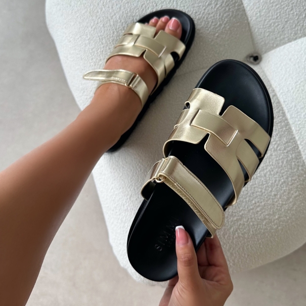 Adelle Gold Chunky Velcro Strap Flat Sandals | SIMMI London