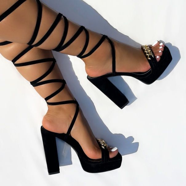 Milena Black Suedette Chain Lace Up Platform Block Heels | SIMMI London